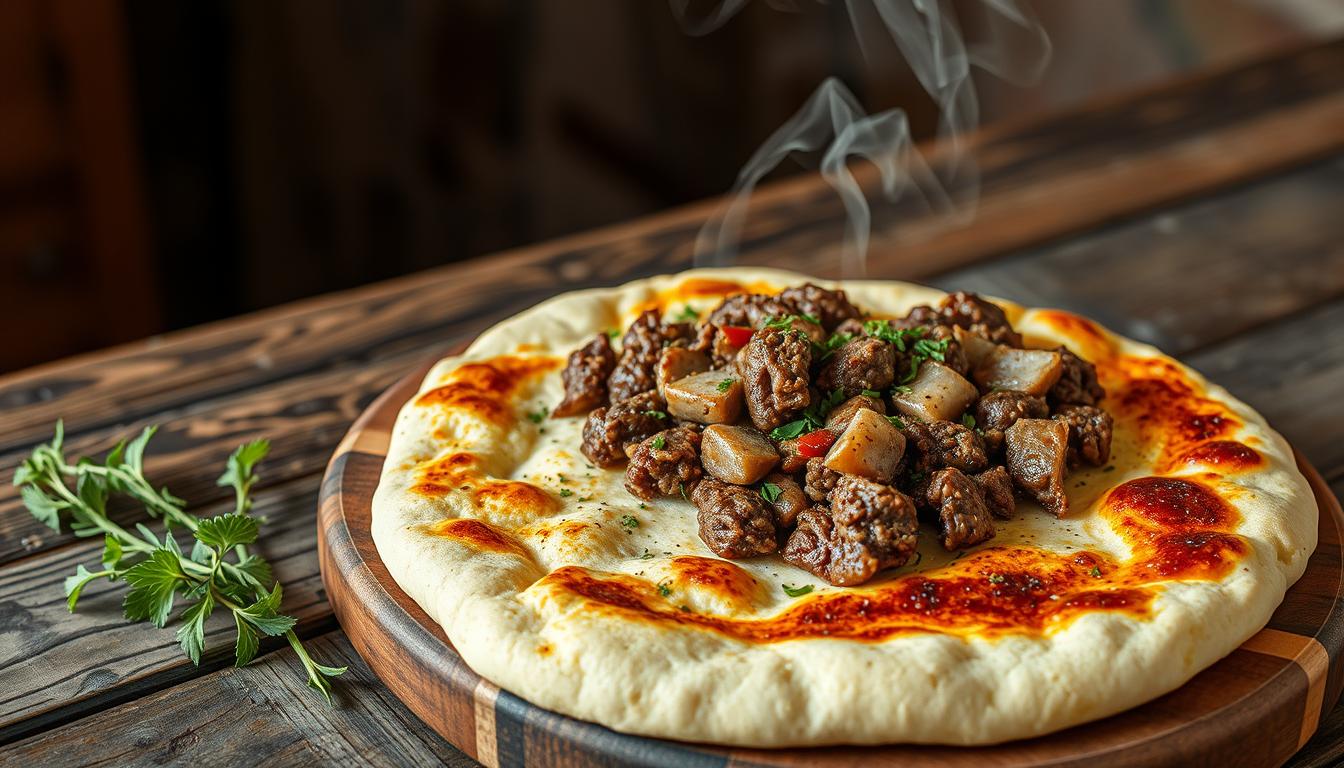 Rezept für Pastrmajlija (Fladenbrot mit Fleisch) Rezept für Pastrmajlija (Fladenbrot mit Fleisch)