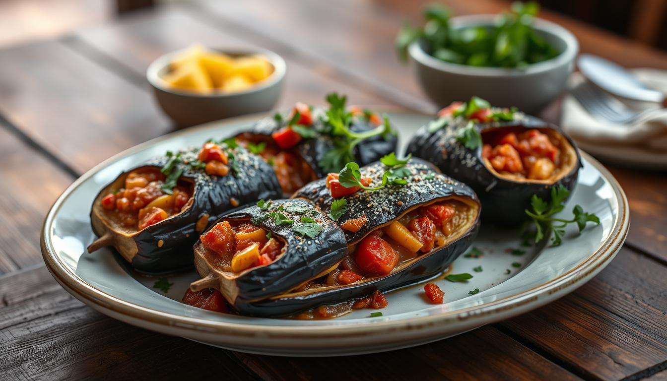 Rezept für Punjeni Patlidžani (gefüllte Auberginen) Rezept für Punjeni Patlidžani (gefüllte Auberginen)