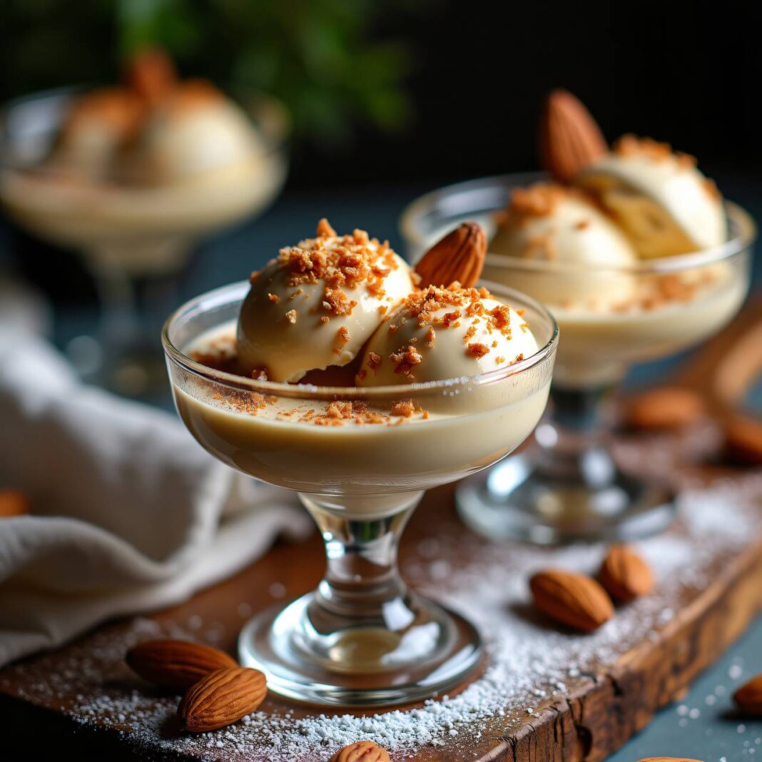 Amaretto-Eis mit karamellisierten Mandeln Rezept Amaretto-Eis mit karamellisierten Mandeln Rezept