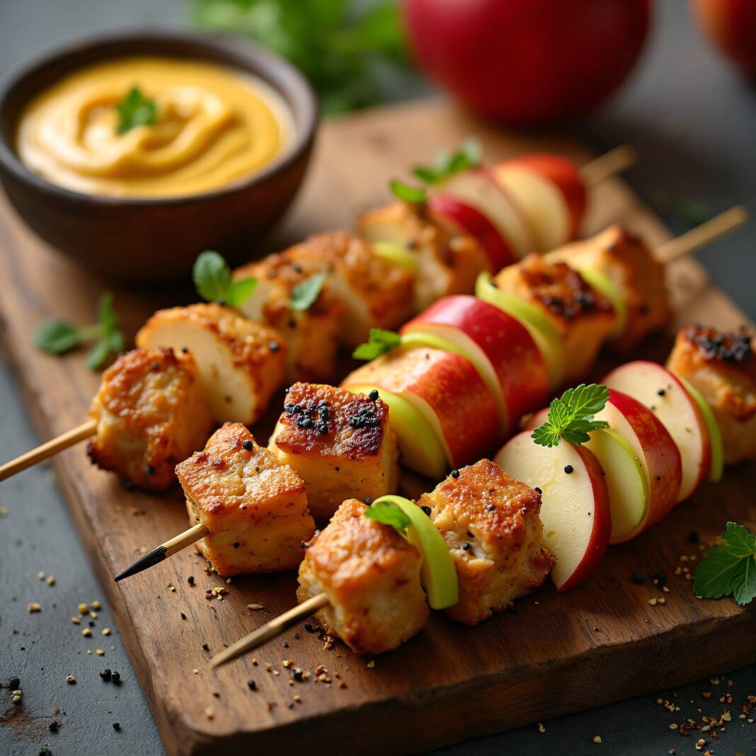 Apfel-Hühnerspieße mit Curry-Dip Rezept Apfel-Hühnerspieße mit Curry-Dip Rezept