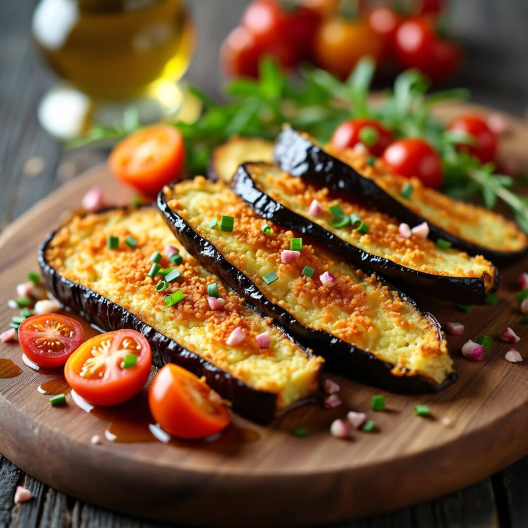 Aubergine in Käsehülle an Vinaigrette Rezept Aubergine in Käsehülle an Vinaigrette Rezept