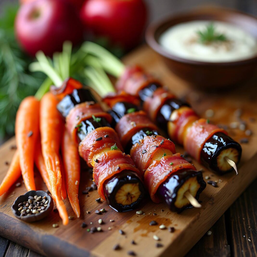 Auberginen-Apfel-Spieß mit Speck-Karotten vom Grill Rezept Auberginen-Apfel-Spieß mit Speck-Karotten vom Grill Rezept