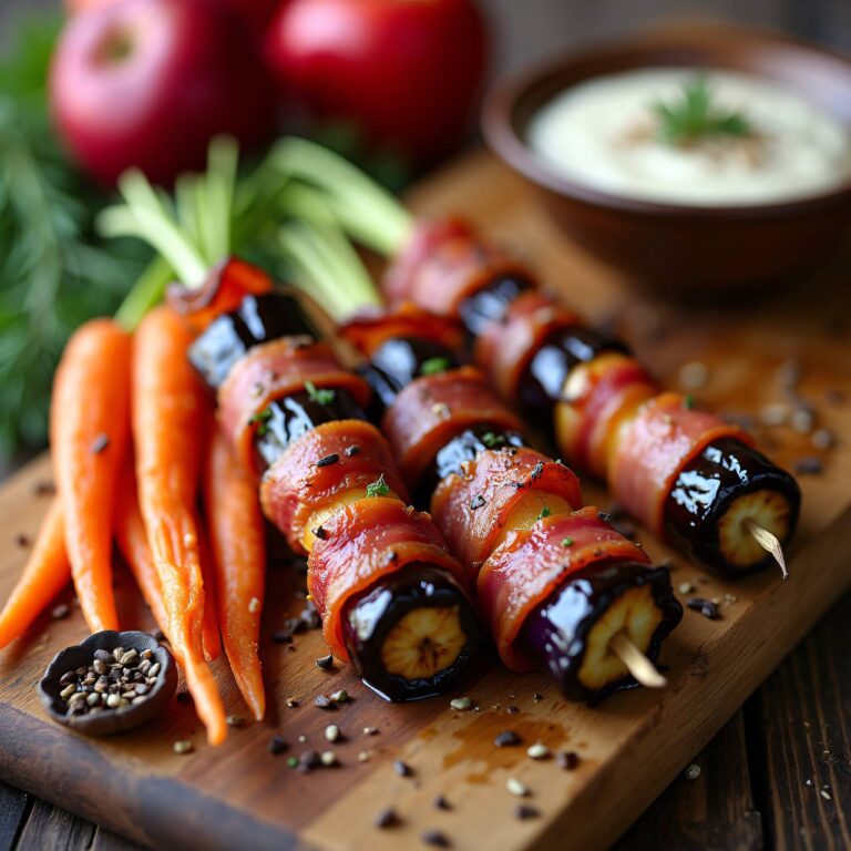 Auberginen-Apfel-Spieß mit Speck-Karotten vom Grill Rezept