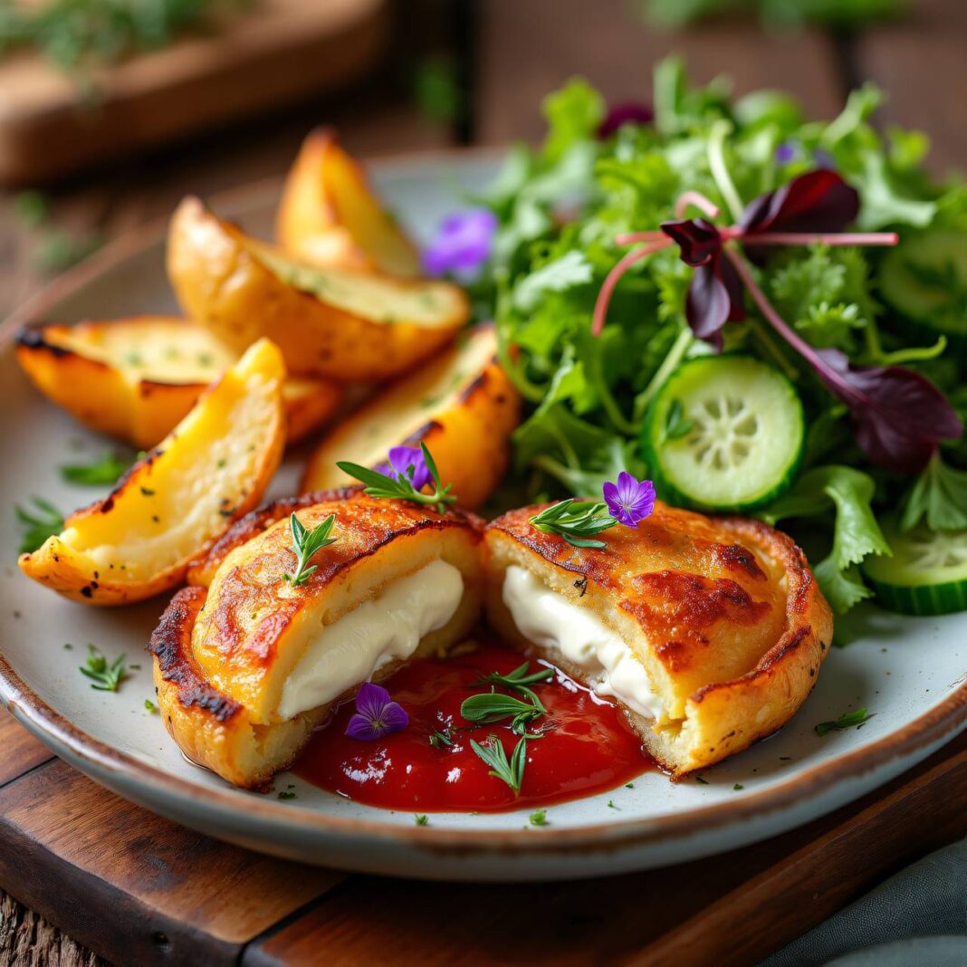 Auberginen-Cordon-bleu mit Thymian-Bratkartoffeln und Salatsträußchen Rezept Auberginen-Cordon-bleu mit Thymian-Bratkartoffeln und Salatsträußchen Rezept