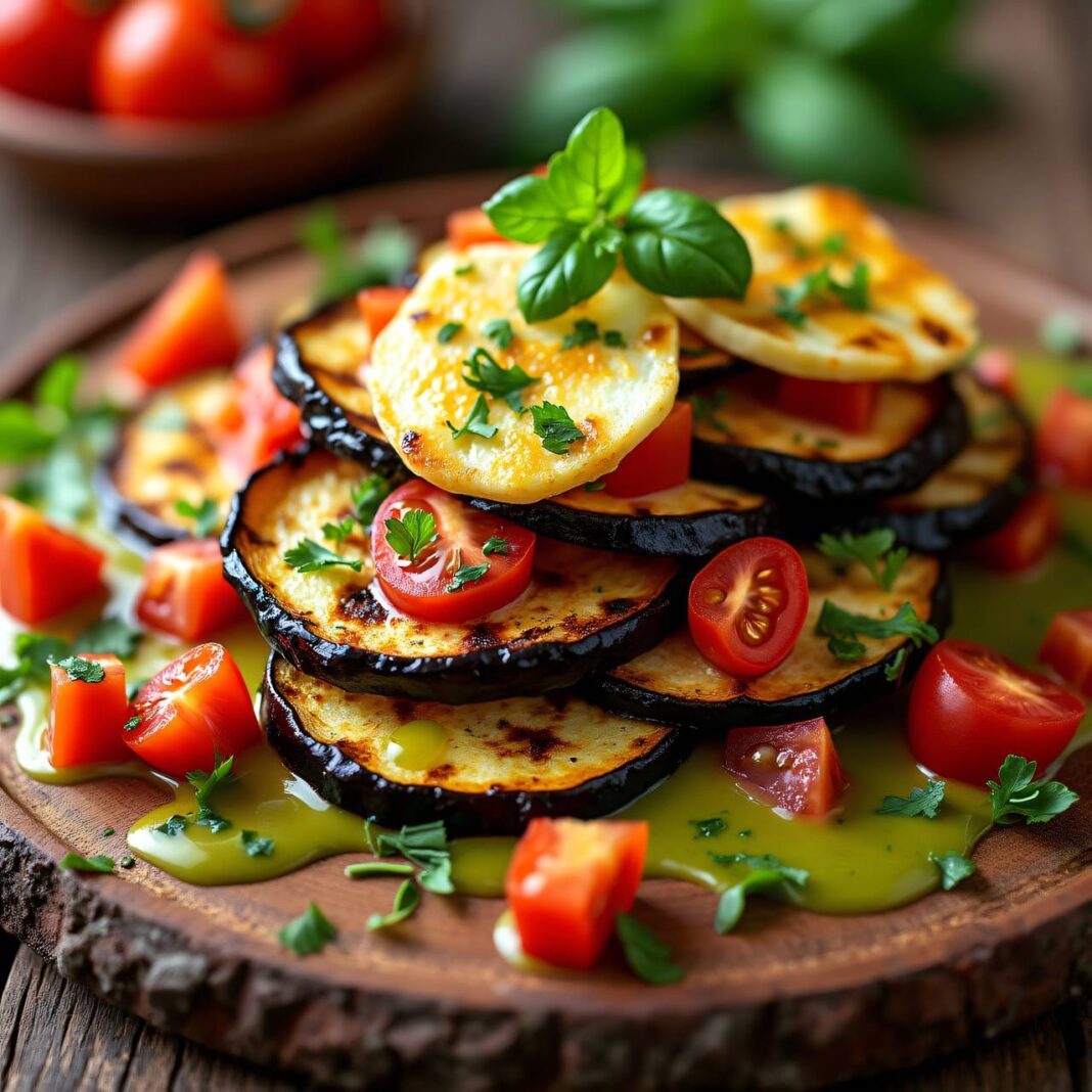 Auberginen-Tomaten-Salat mit Grillkäse Rezept Auberginen-Tomaten-Salat mit Grillkäse Rezept