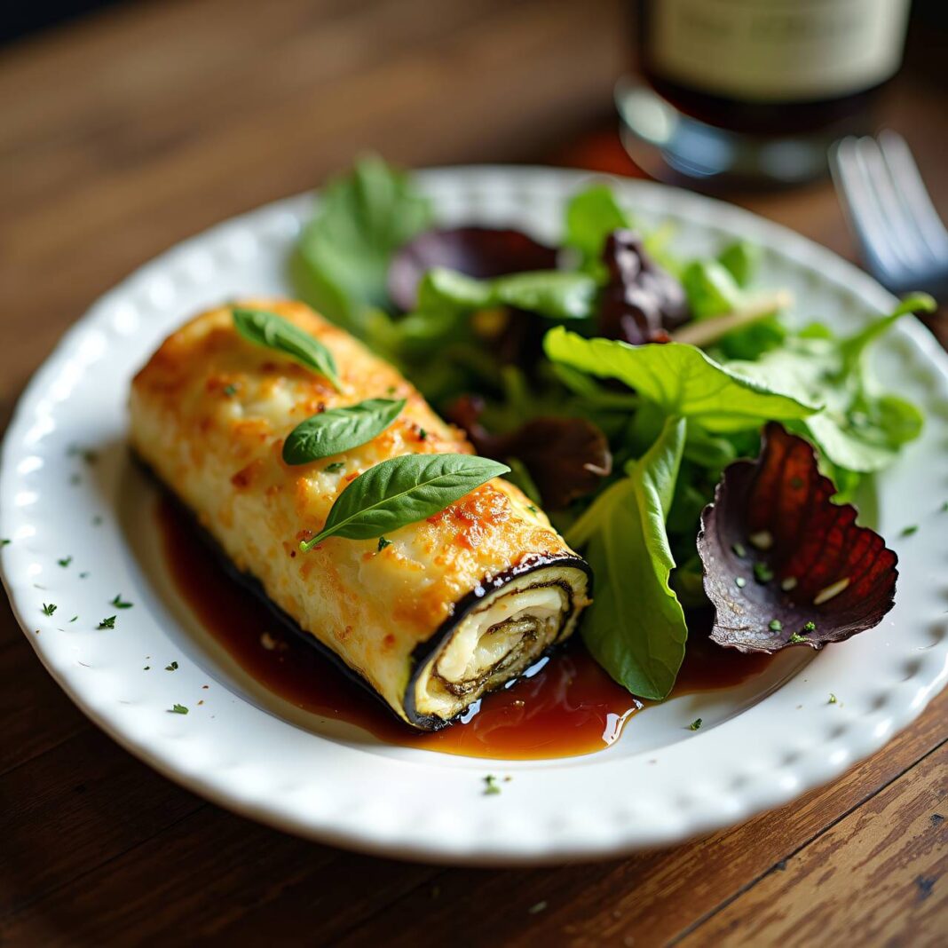 Auberginenröllchen mit Blattsalat Rezept Auberginenröllchen mit Blattsalat Rezept