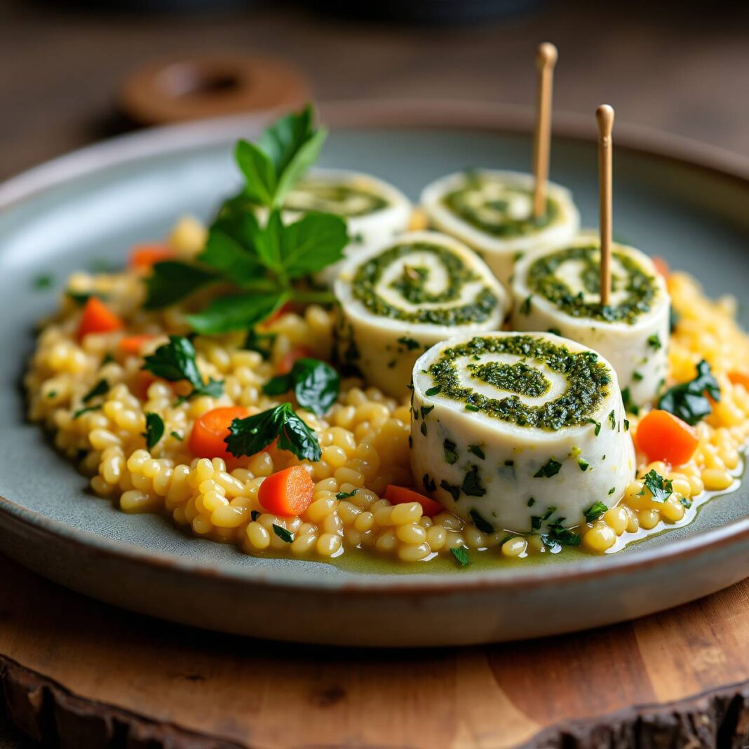 Bärlauch-Fischröllchen mit Gemüserisotto Rezept Bärlauch-Fischröllchen mit Gemüserisotto Rezept