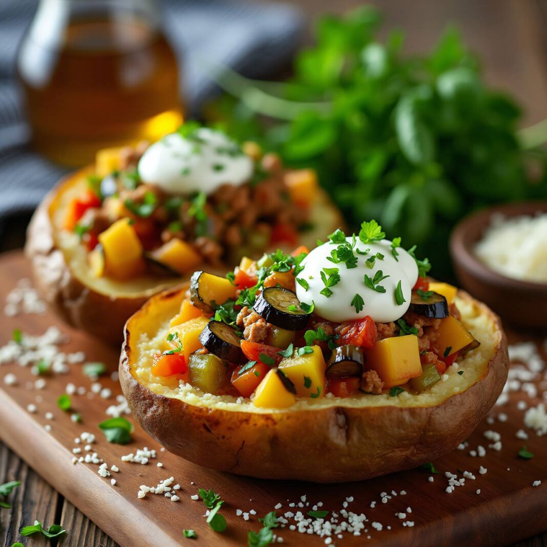 Baked Potatoes mit Gemüse-Hackfleischsoße Rezept Baked Potatoes mit Gemüse-Hackfleischsoße Rezept