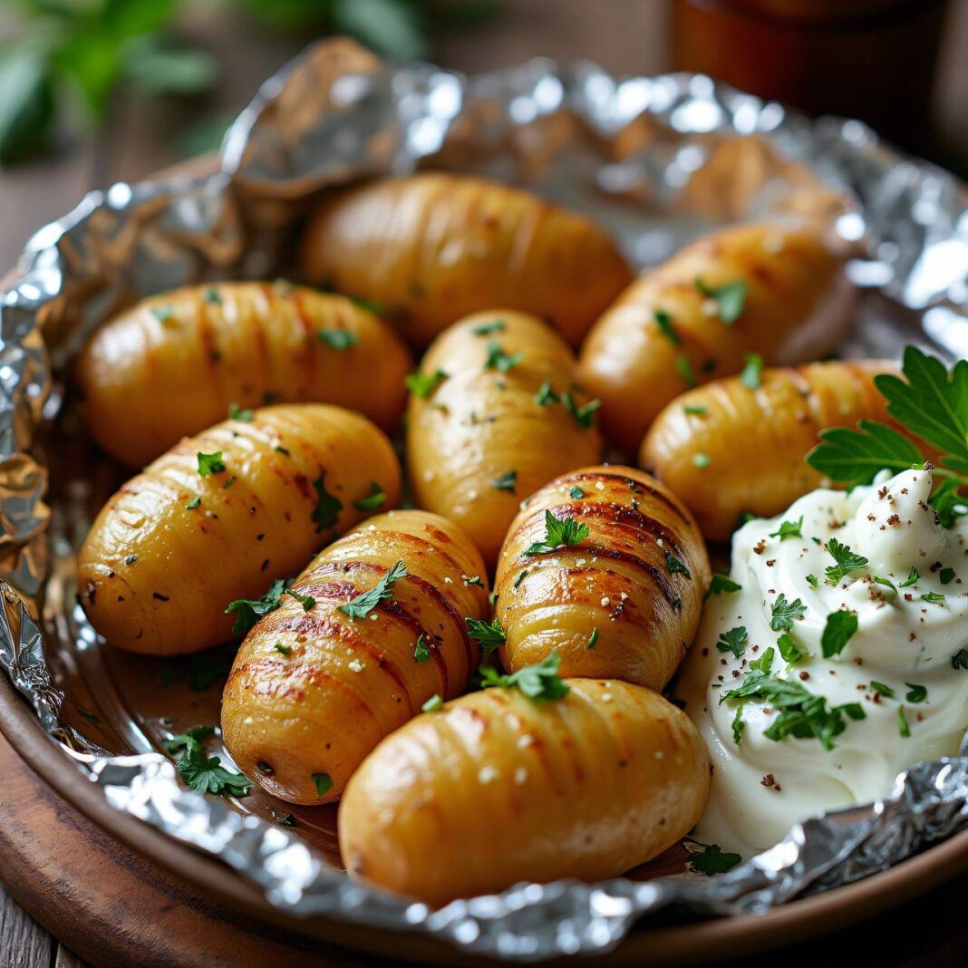 Baked Potatoes vom Grill mit Kräuterquark Rezept Baked Potatoes vom Grill mit Kräuterquark Rezept