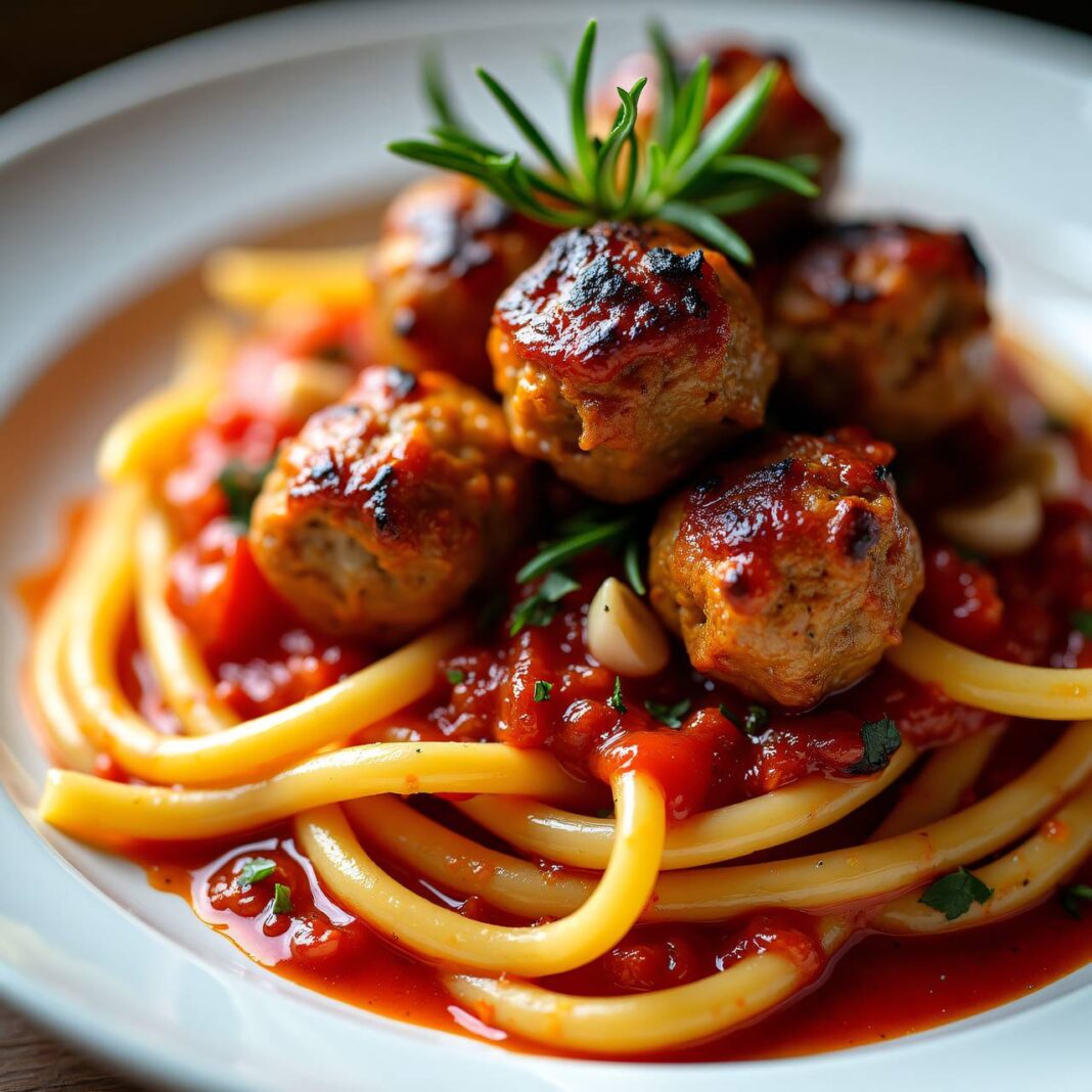 Bavette an Tomatensauce mit Hackfleischspießen Rezept Bavette an Tomatensauce mit Hackfleischspießen Rezept