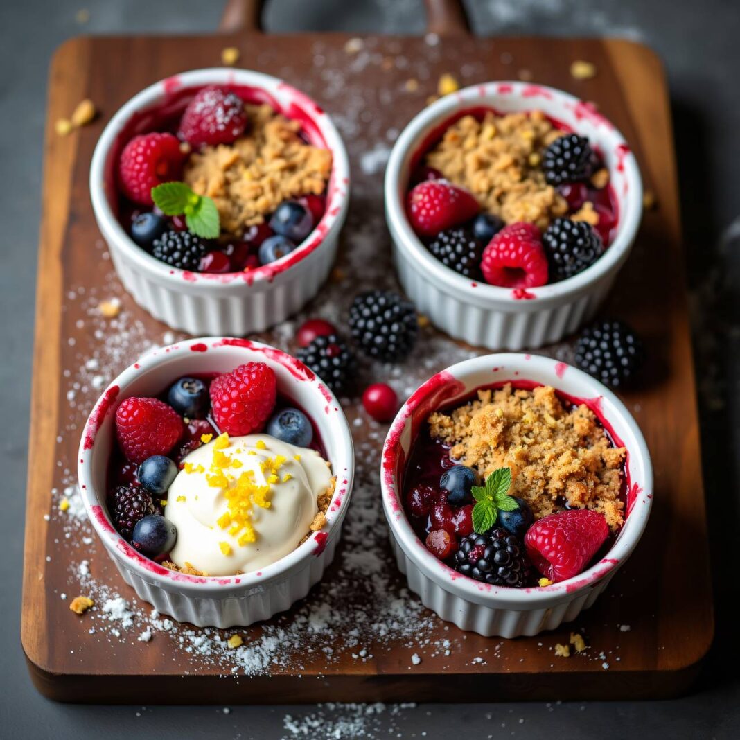 Beeren-Crumble mit Crème-fraîche-Mousse Rezept Beeren-Crumble mit Crème-fraîche-Mousse Rezept