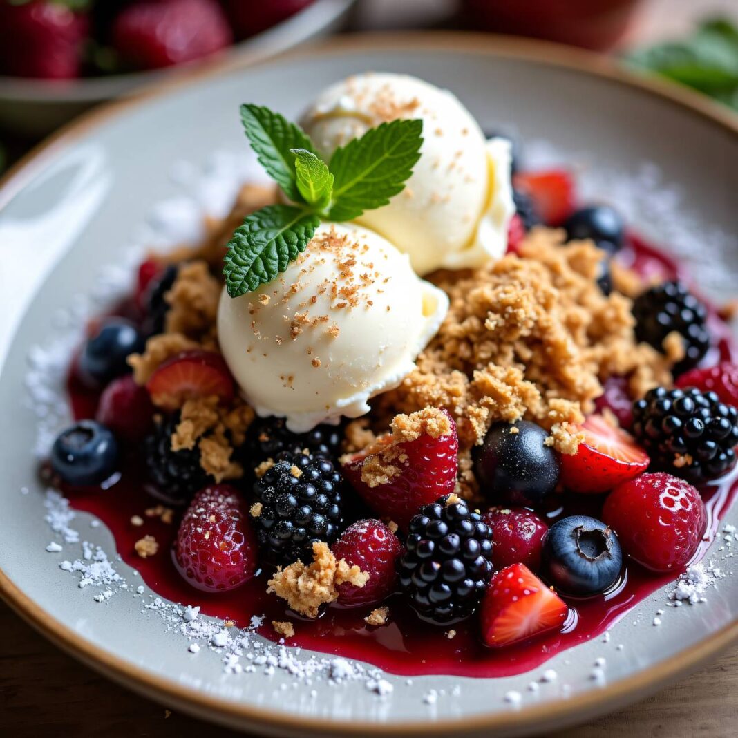 Beeren-Crumble mit Vanilleeis Rezept Beeren-Crumble mit Vanilleeis Rezept