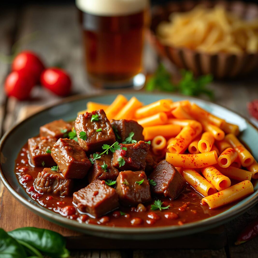 Biergulasch mit Paprika-Spätzli Rezept Biergulasch mit Paprika-Spätzli Rezept