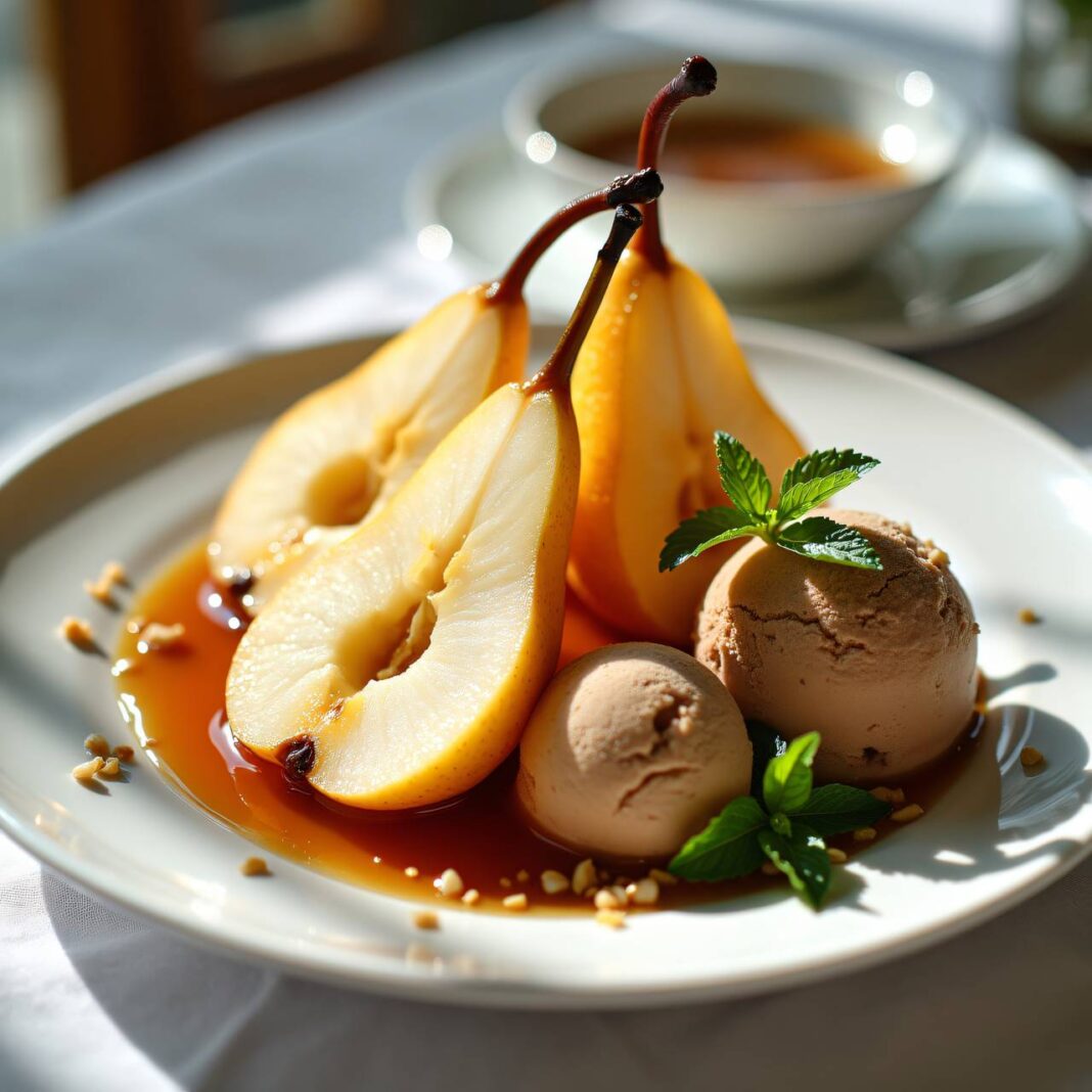 Birnen an Quittensirup mit Nussglace Rezept Birnen an Quittensirup mit Nussglace Rezept