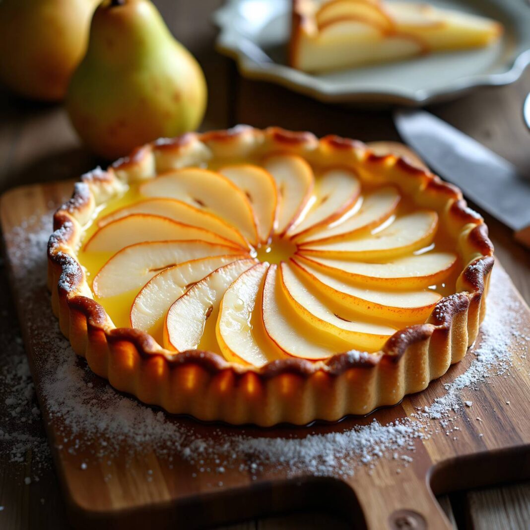 Birnenblechkuchen mit Marzipanguss Rezept Birnenblechkuchen mit Marzipanguss Rezept