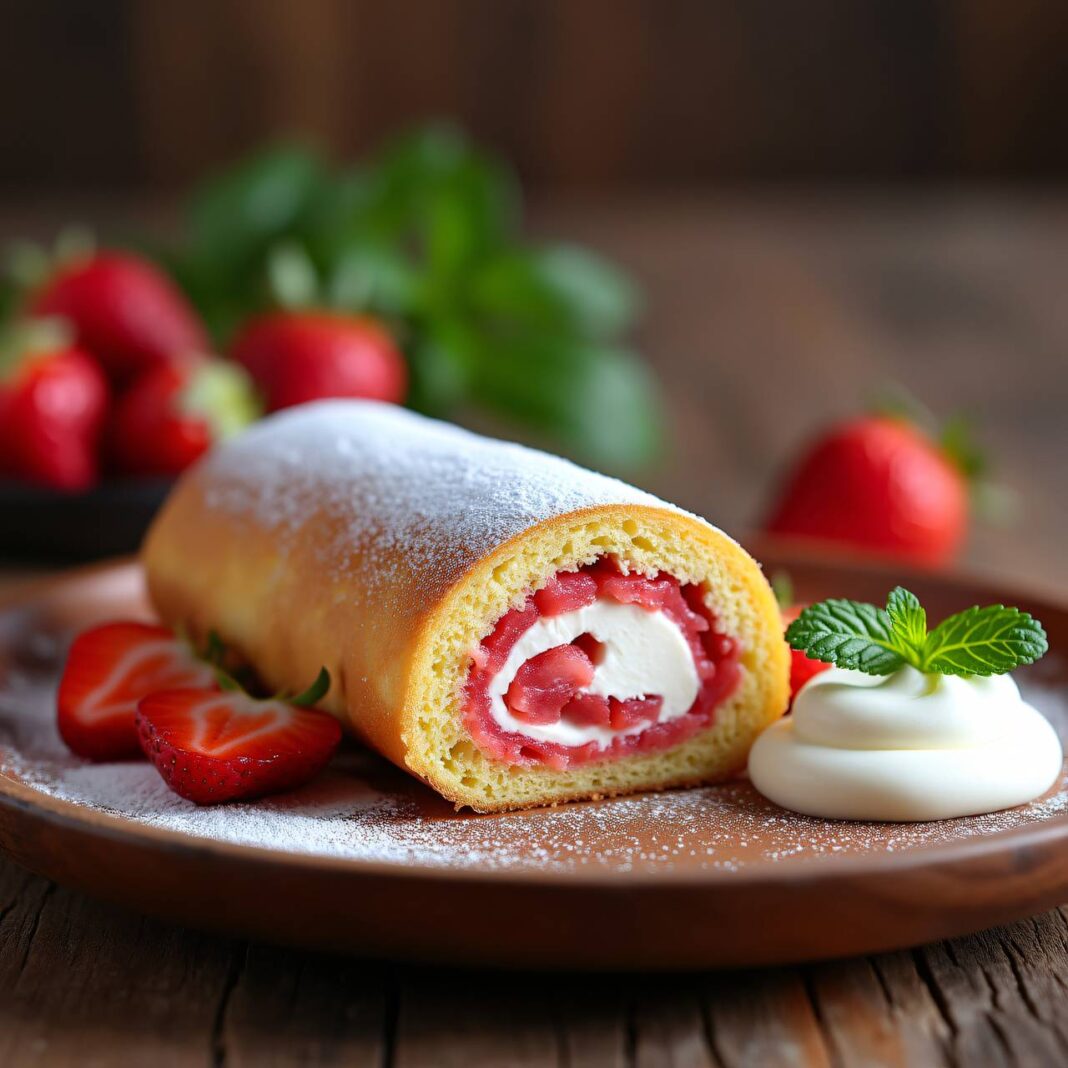 Biskuitroulade mit Erdbeer-Rhabarber-Konfitüre Rezept Biskuitroulade mit Erdbeer-Rhabarber-Konfitüre Rezept