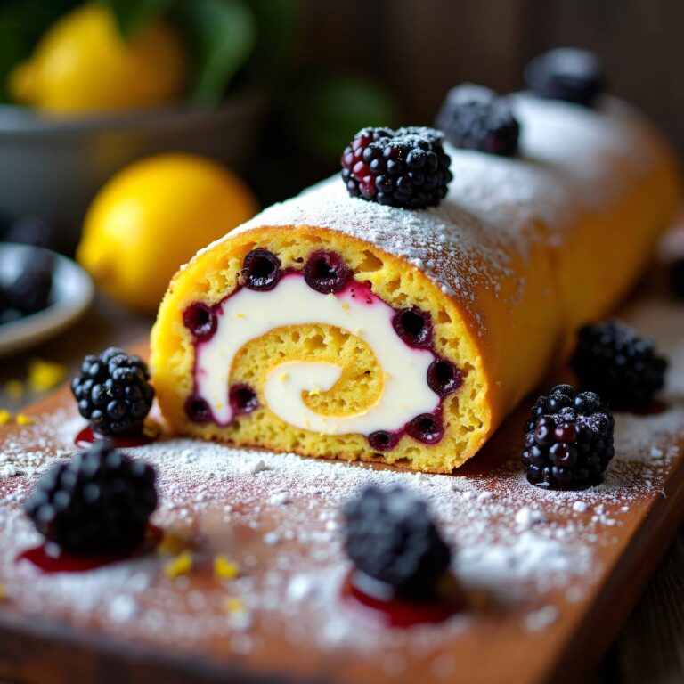 Biskuitroulade mit Safran und Brombeeren Rezept