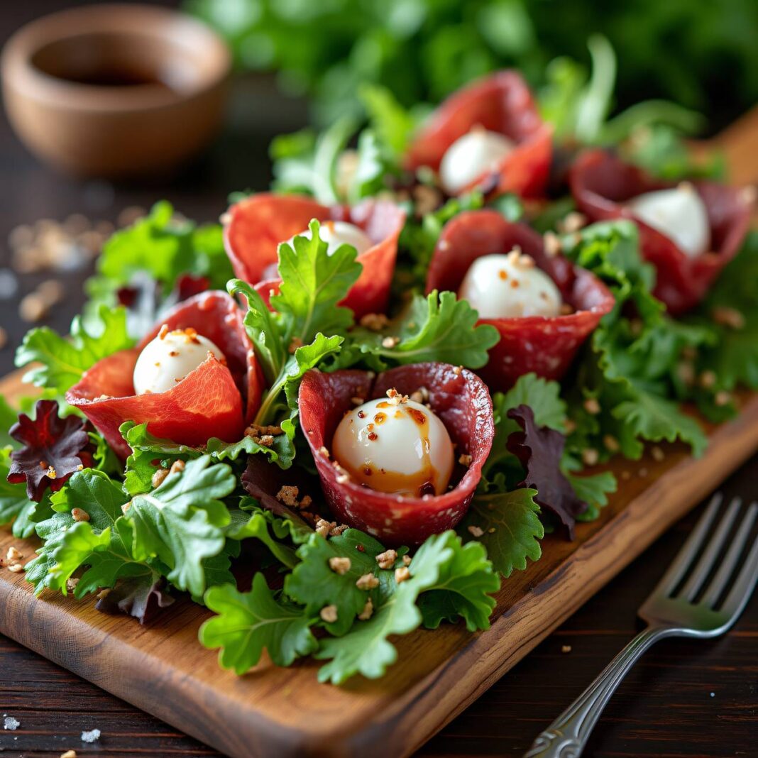 Blattsalat mit Trockenfleisch und Mozzarella Rezept Blattsalat mit Trockenfleisch und Mozzarella Rezept