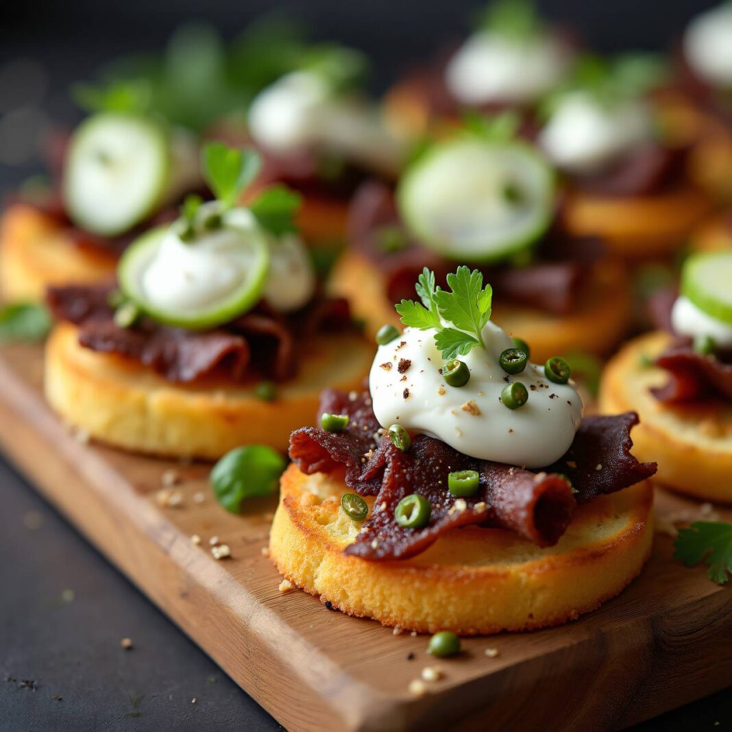 Blinis mit Trockenfleisch und Pfeffer-Crème-fraîche Rezept Blinis mit Trockenfleisch und Pfeffer-Crème-fraîche Rezept
