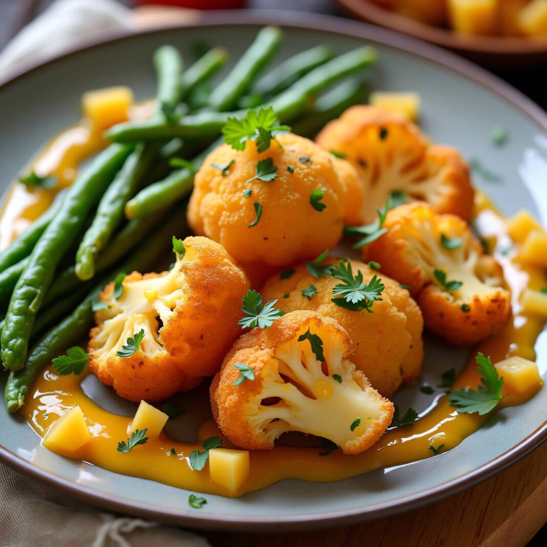 Blumenkohl, Bohnen und im Käse-Ausbackteig mit süss-sauren Aprikosen Rezept Blumenkohl, Bohnen und im Käse-Ausbackteig mit süss-sauren Aprikosen Rezept