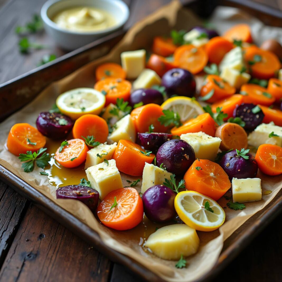 Bodenkohlrabi-Karotten-Blech mit Käse-Vinaigrette (Low Carb) Rezept Bodenkohlrabi-Karotten-Blech mit Käse-Vinaigrette (Low Carb) Rezept