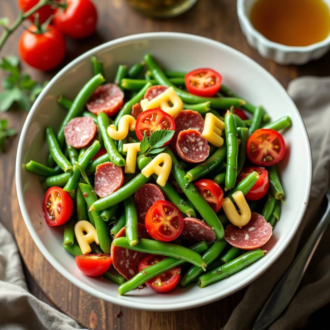 Bohnensalat mit Buchstaben-Vinaigrette Rezept Bohnensalat mit Buchstaben-Vinaigrette Rezept