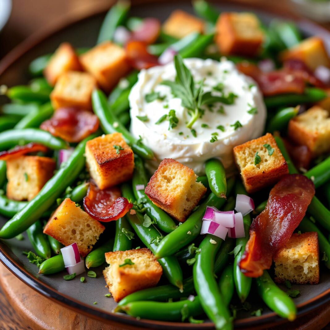 Bohnensalat mit Speck und Croûtons Rezept Bohnensalat mit Speck und Croûtons Rezept