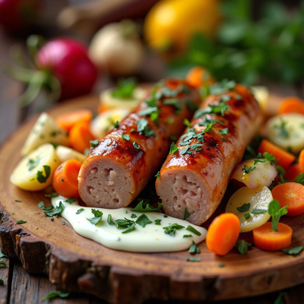 Bratwürste und Gemüse mit Kräutersauce Rezept Bratwürste und Gemüse mit Kräutersauce Rezept