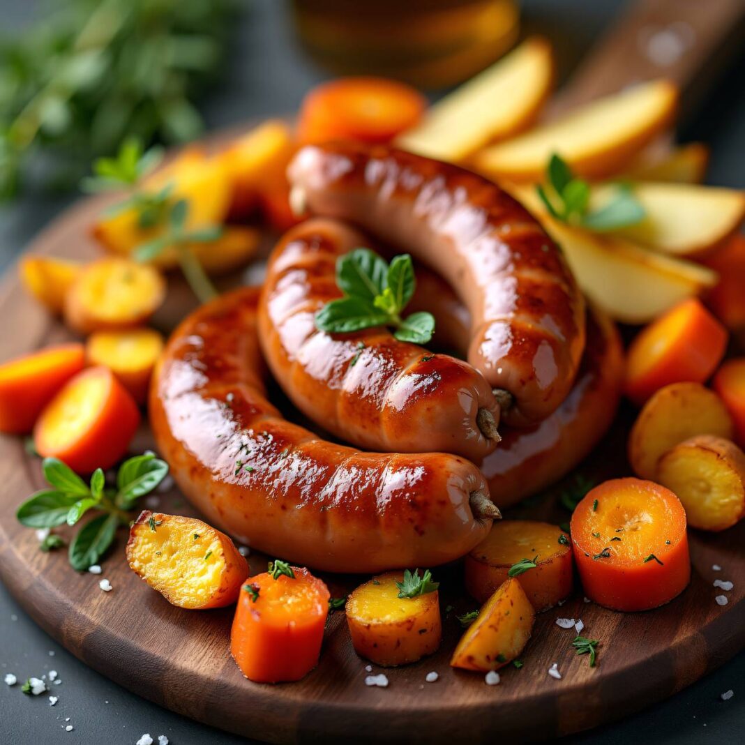 Bratwurstschnecke mit Gemüse und Kartoffelschnitzen Rezept Bratwurstschnecke mit Gemüse und Kartoffelschnitzen Rezept