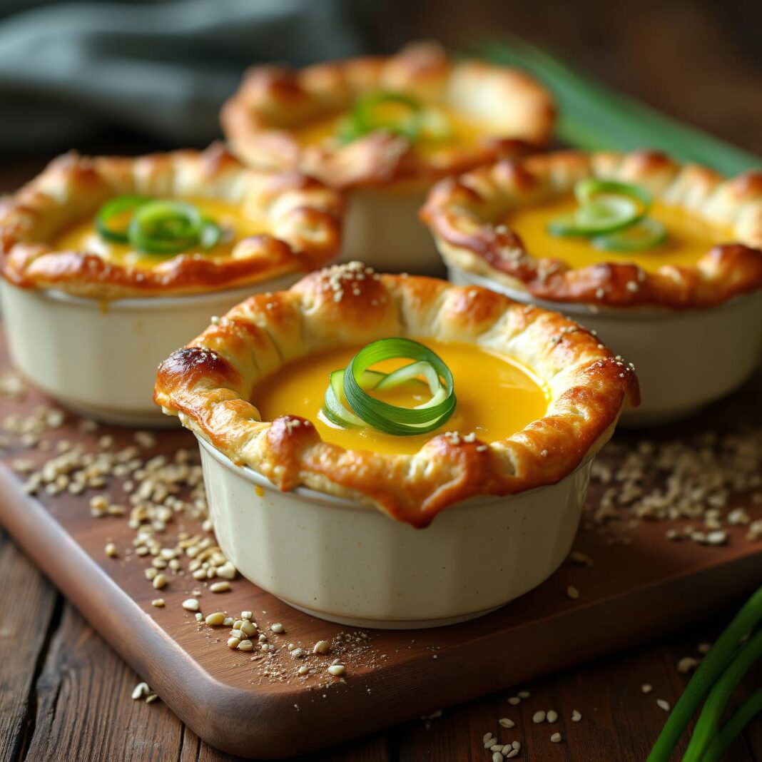 Bundzwiebelsuppe mit Kümmel-Blätterteighaube Rezept Bundzwiebelsuppe mit Kümmel-Blätterteighaube Rezept