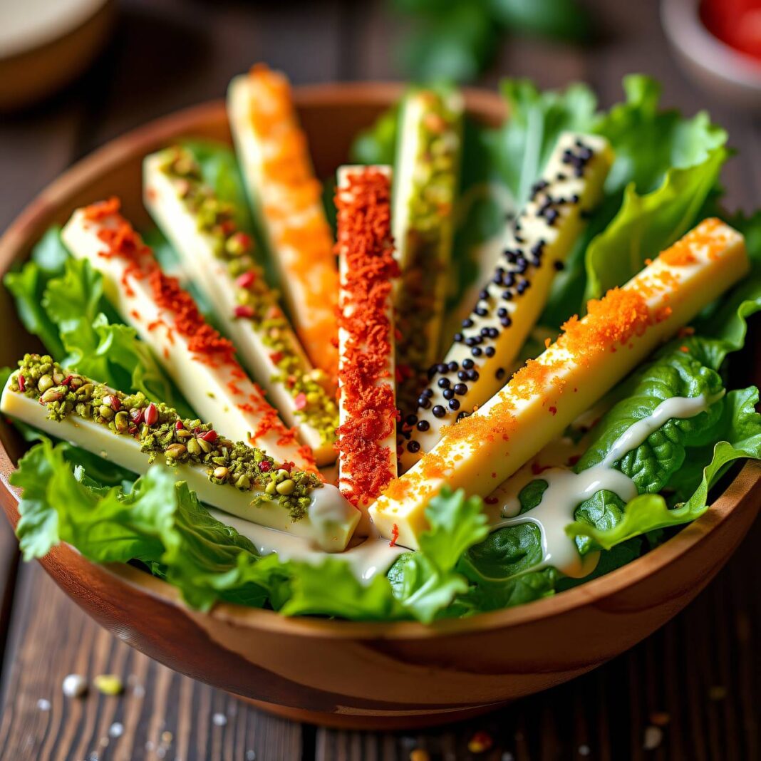 Bunte Käsestäbchen auf Salat Rezept Bunte Käsestäbchen auf Salat Rezept