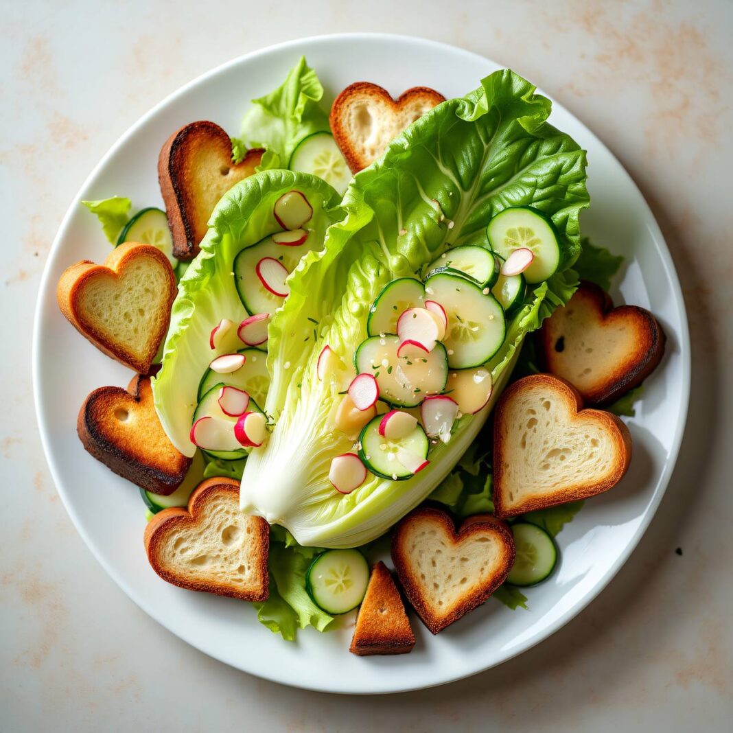 Bunter Eisbergsalat mit Herz-Brot Rezept Bunter Eisbergsalat mit Herz-Brot Rezept