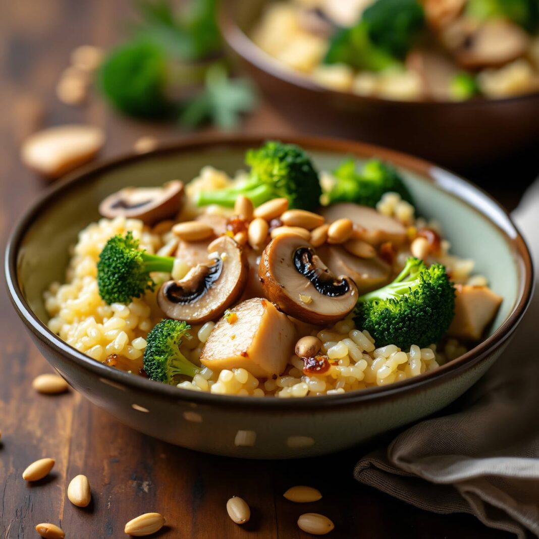 Buttermilch-Risotto mit Huhn, Brokkoli und Pilzen Rezept Buttermilch-Risotto mit Huhn, Brokkoli und Pilzen Rezept