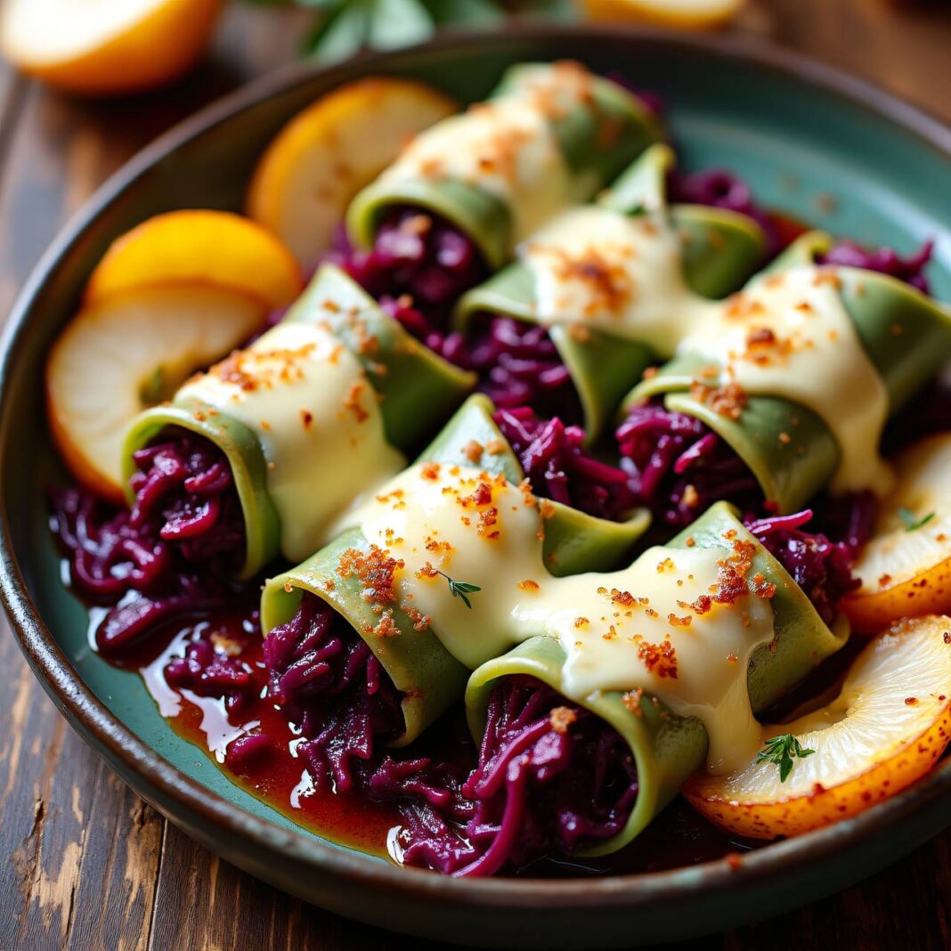Cannelloni mit Rotkrautfüllung und gebratenen Birnenschnitzen Rezept Cannelloni mit Rotkrautfüllung und gebratenen Birnenschnitzen Rezept