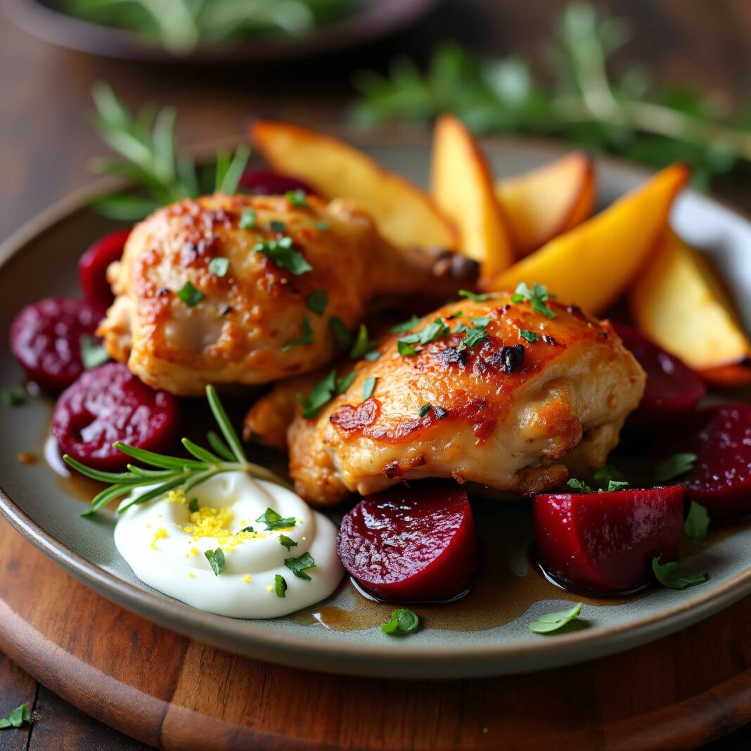 Caramelisiertes Hähnchen mit roten Bete und Wedges Rezept Caramelisiertes Hähnchen mit roten Bete und Wedges Rezept
