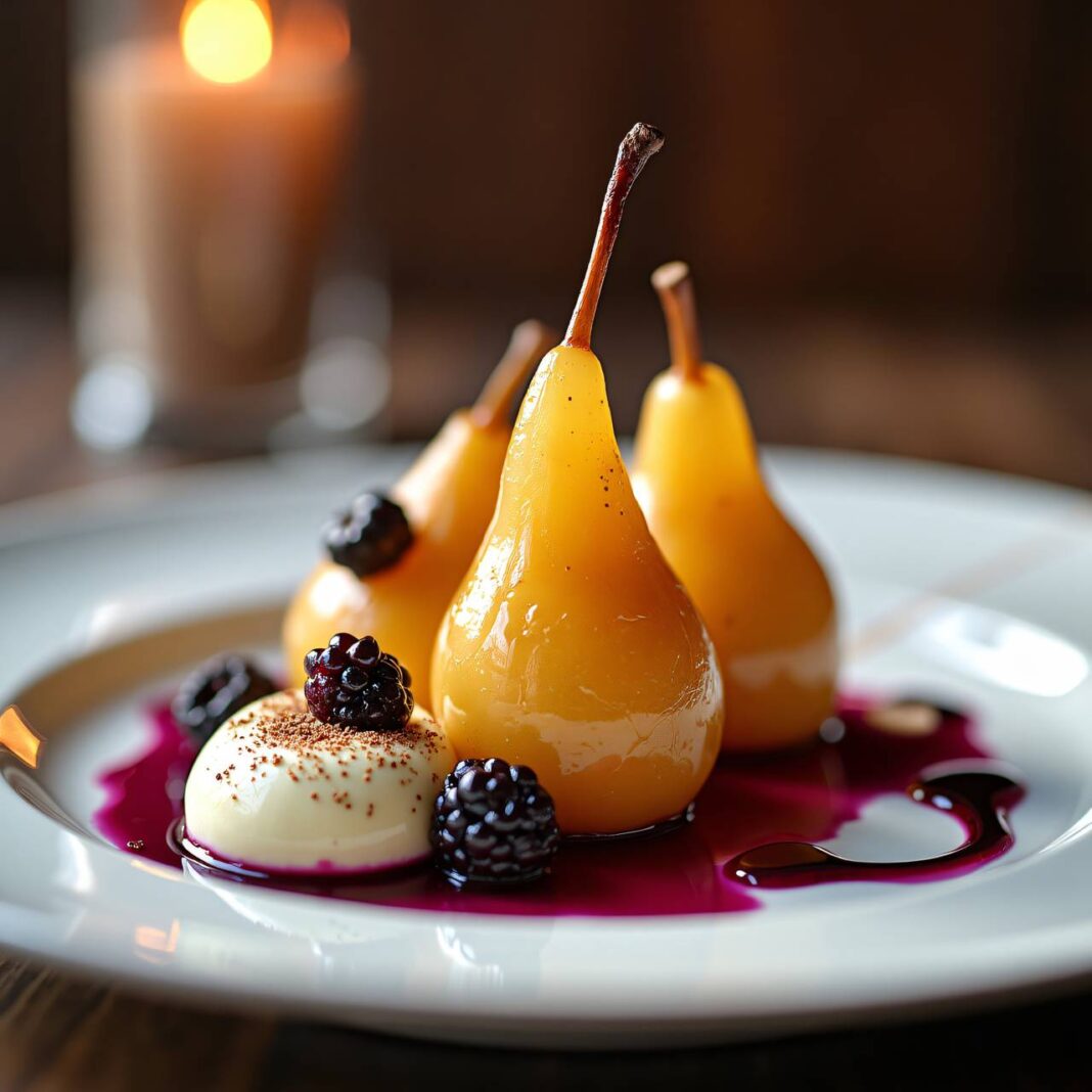 Cassis-Birnen mit Marzipan-Sahne Rezept Cassis-Birnen mit Marzipan-Sahne Rezept