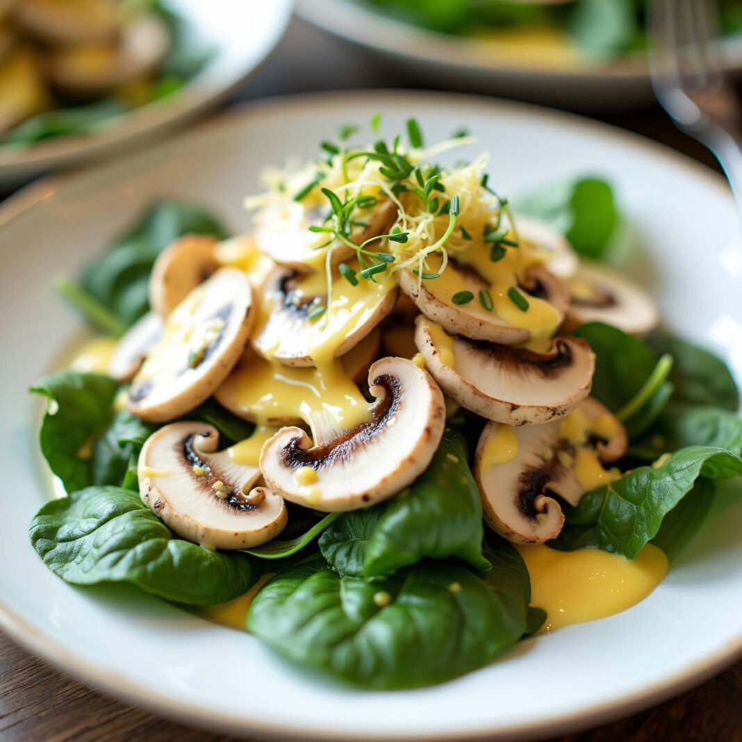 Champignons-Salat mit Käsesauce auf Blattspinat Rezept Champignons-Salat mit Käsesauce auf Blattspinat Rezept