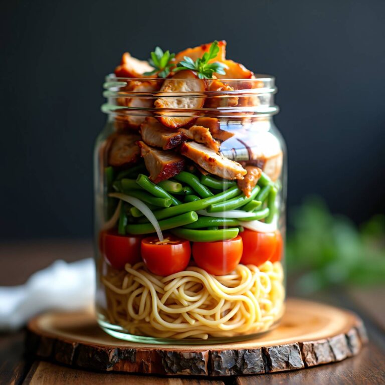 Chinesischer Nudelsalat im Glas mit Fleischstreifen Rezept