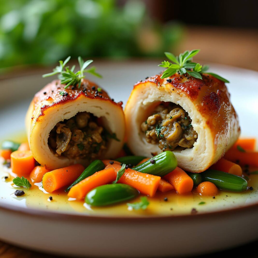 Coquelets mit Morchel-Kräuterfüllung auf Frühlingsgemüse Rezept Coquelets mit Morchel-Kräuterfüllung auf Frühlingsgemüse Rezept