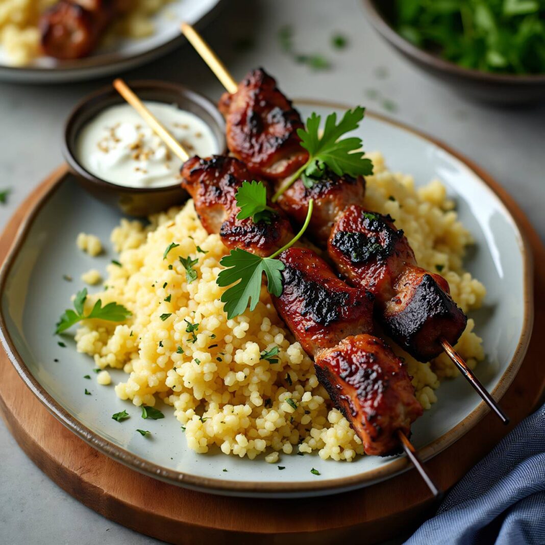 Couscous mit Kalbsspiessen und Joghurt-Dip Rezept Couscous mit Kalbsspiessen und Joghurt-Dip Rezept