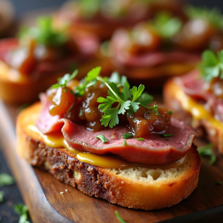 Crostini mit Zwiebelrelish und Roastbeef Rezept