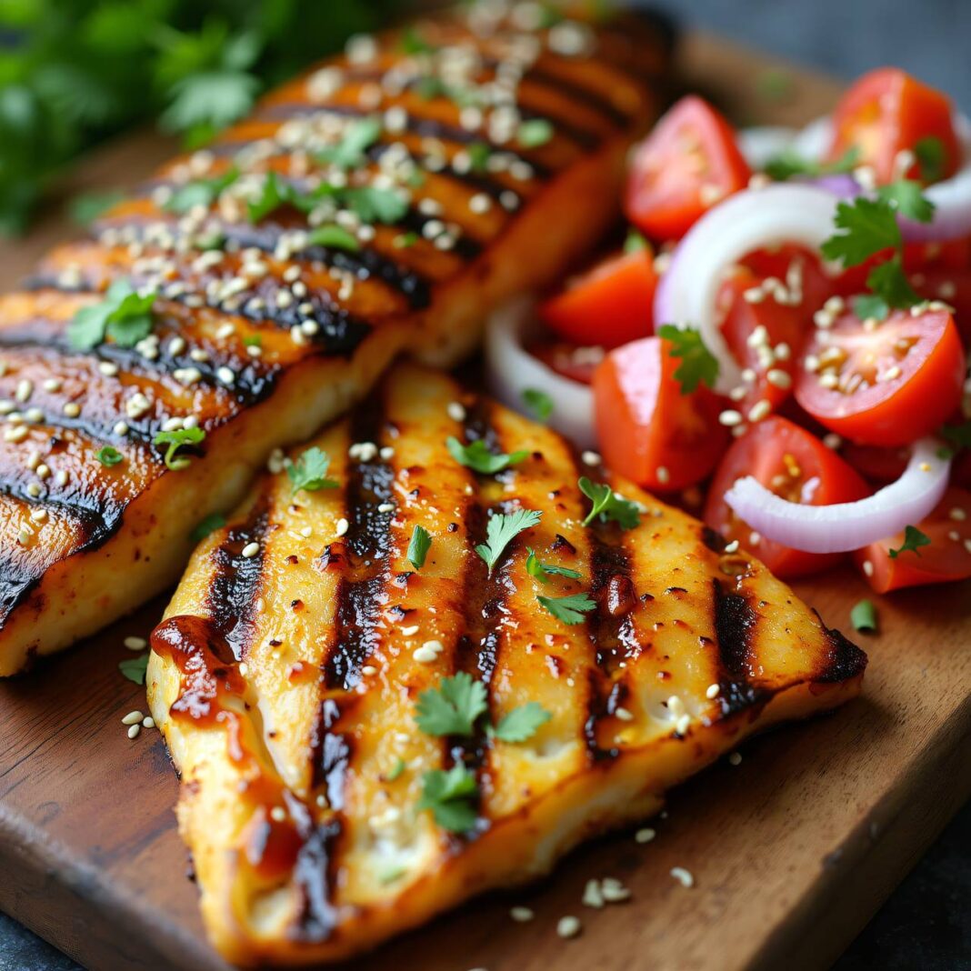 Curry-Zander vom Grill mit Tomaten-Kokos-Salat Rezept Curry-Zander vom Grill mit Tomaten-Kokos-Salat Rezept