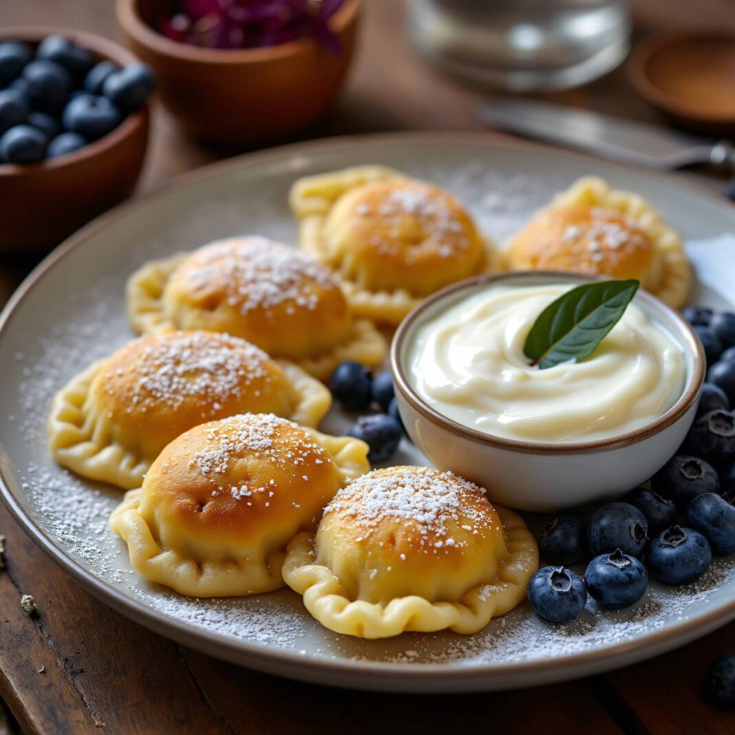 Dampfnudeln mit Lorbeer-Crème-fraîche und Heidelbeeren Rezept Dampfnudeln mit Lorbeer-Crème-fraîche und Heidelbeeren Rezept