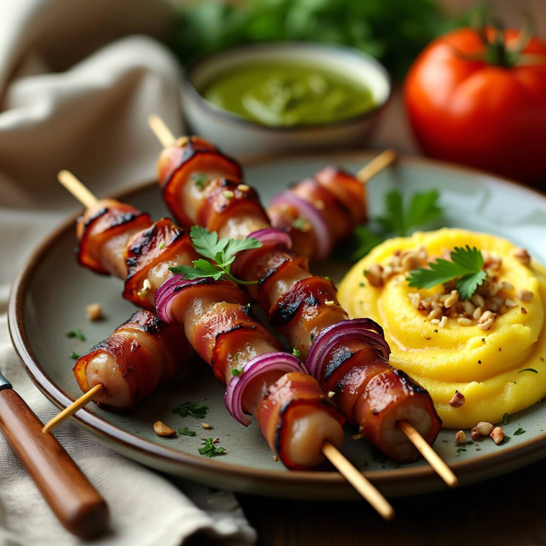 Dattel-Fleischspiessli mit Tomaten-Käse-Polenta Rezept Dattel-Fleischspiessli mit Tomaten-Käse-Polenta Rezept