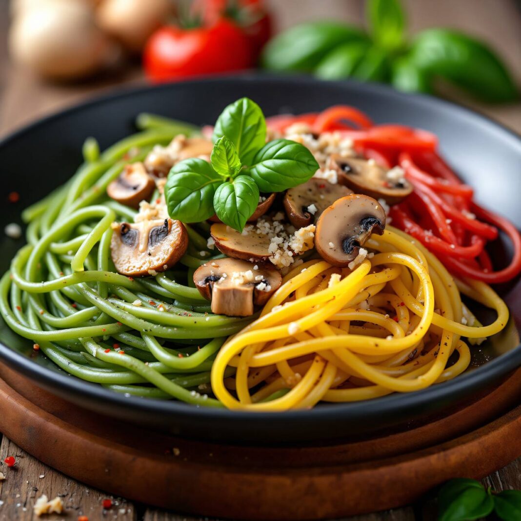 Dreifarbige Nudeln mit Sahne-Champignons Rezept Dreifarbige Nudeln mit Sahne-Champignons Rezept