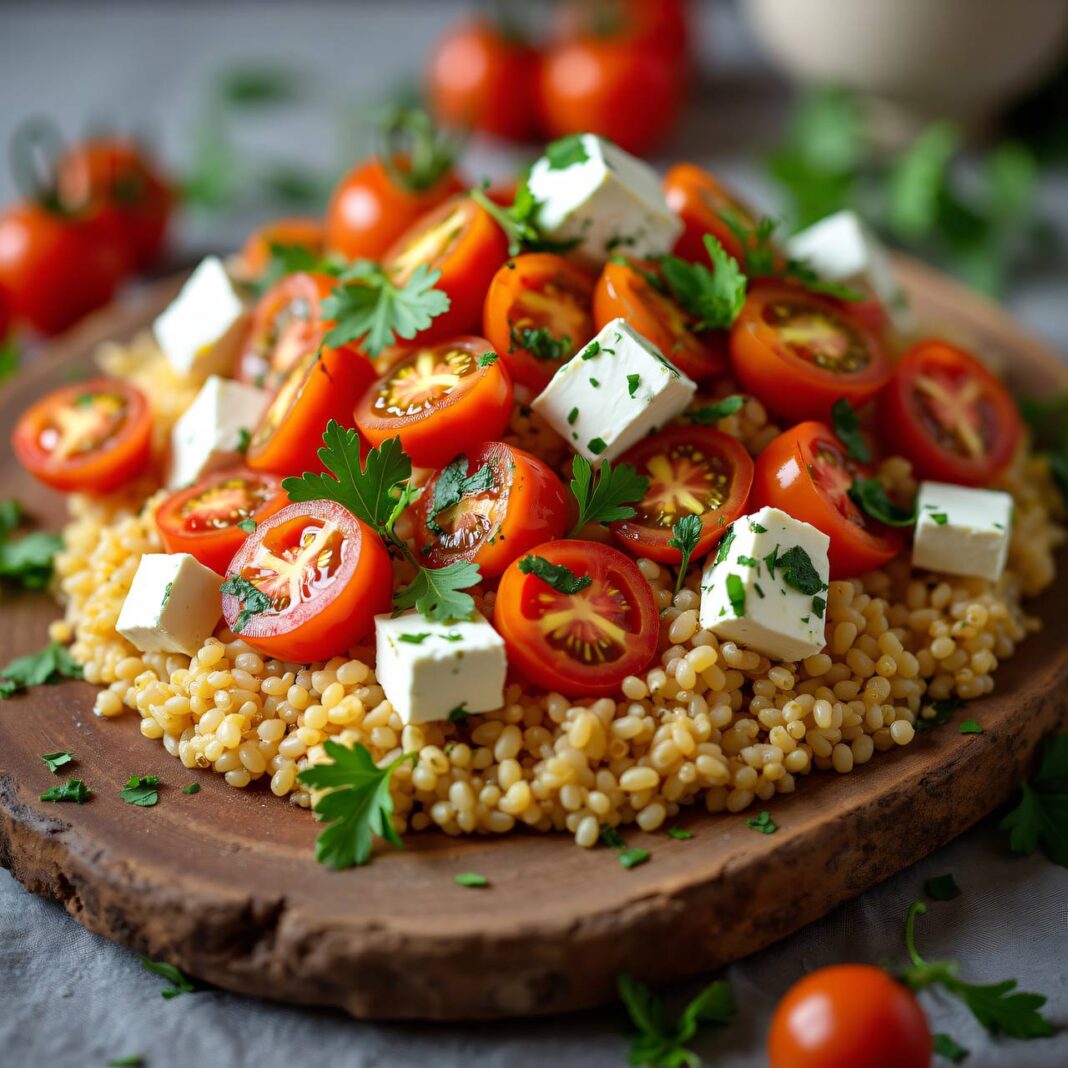 Ebly-Salat mit karamelisierten Tomaten und Frischkäse (Feta-Art) Rezept Ebly-Salat mit karamelisierten Tomaten und Frischkäse (Feta-Art) Rezept