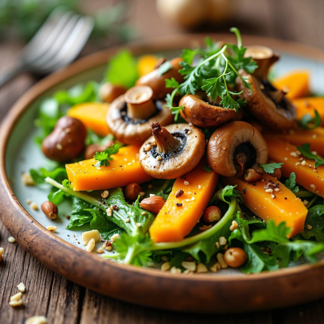 Eichblattsalat mit warmen Pilzen und Kürbis Rezept Eichblattsalat mit warmen Pilzen und Kürbis Rezept