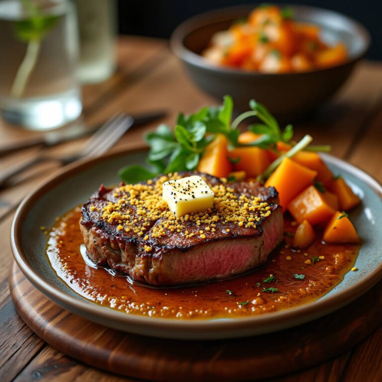 Entrecôte mit Pfeffer-Käse-Haube und Zwiebel-Kürbis-Gemüse Rezept
