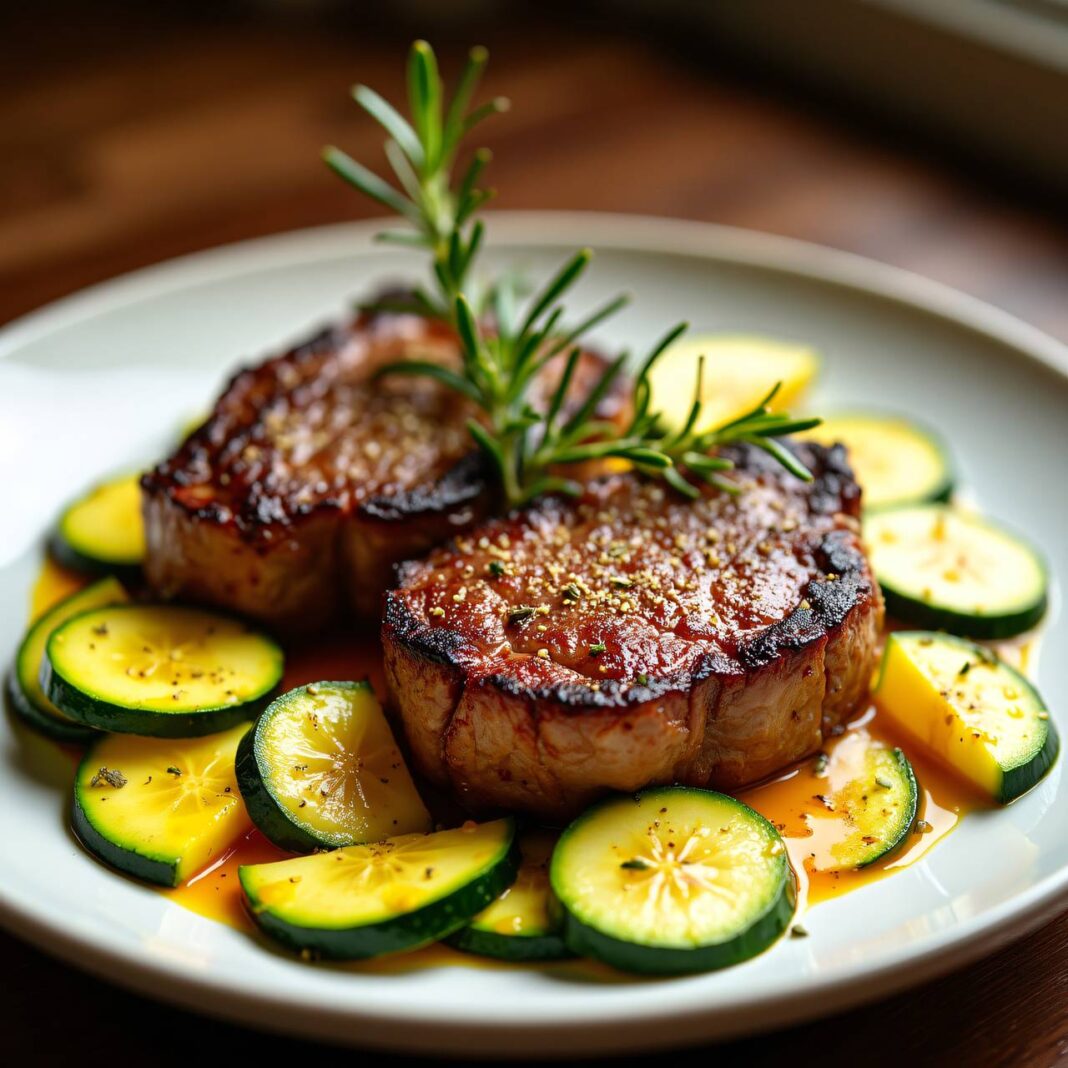 Entrecôtes auf Safran-Zucchini Rezept Entrecôtes auf Safran-Zucchini Rezept