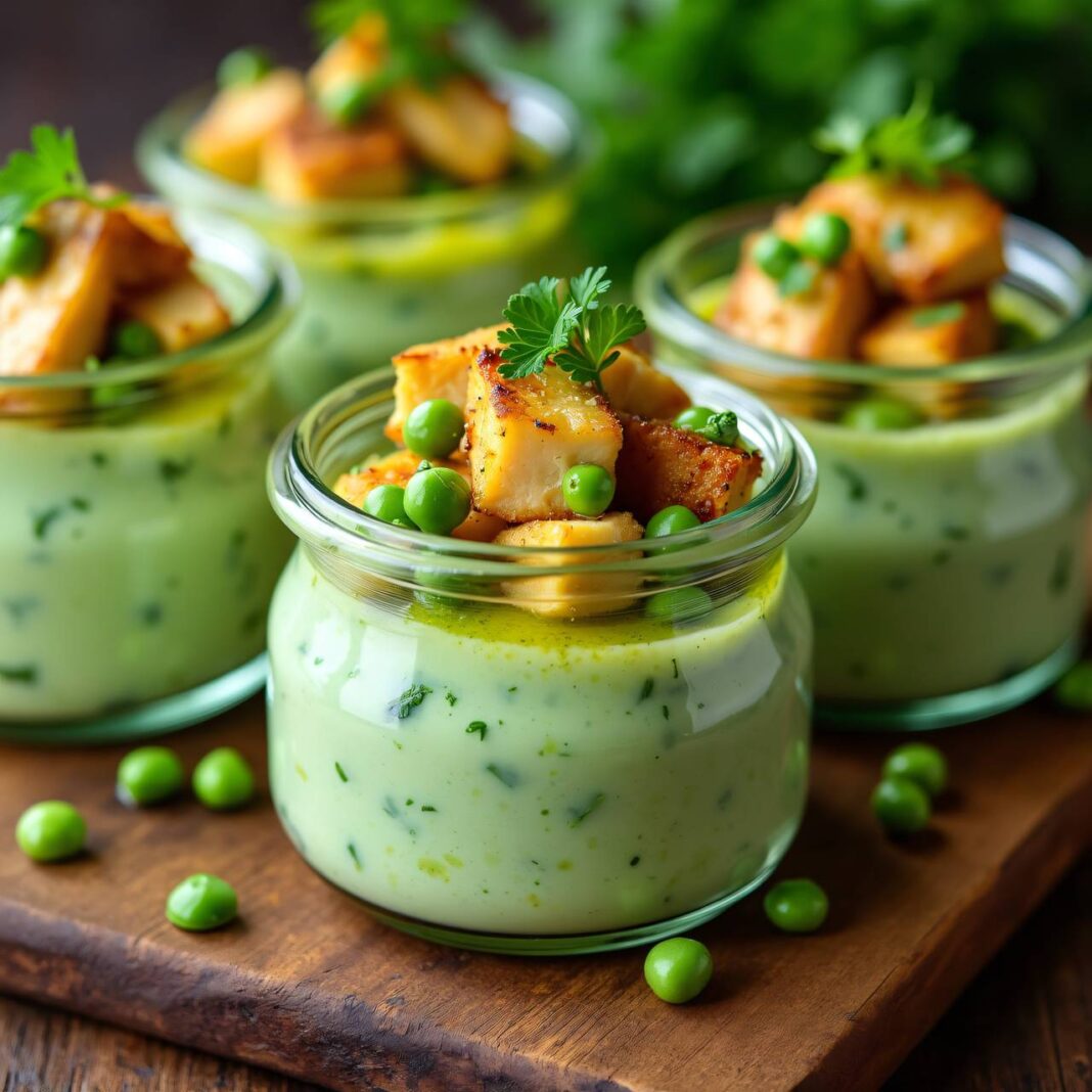 Erbsen-Panna-cotta mit Hühner und Zitronen-Vinaigrette Rezept Erbsen-Panna-cotta mit Hühner und Zitronen-Vinaigrette Rezept